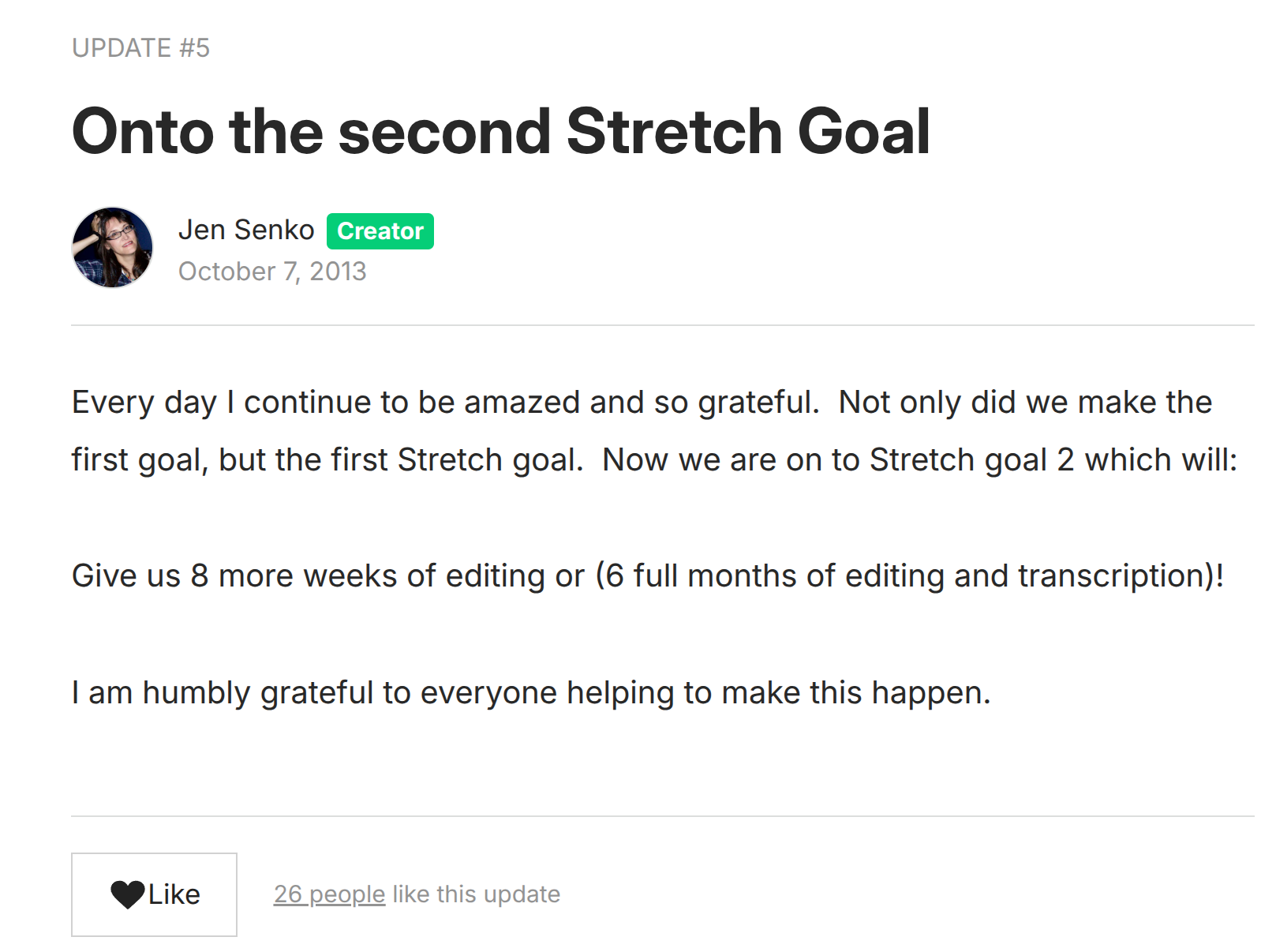 Screenshot of Brainwashing Dad Kickstarter UUPDATE 5 posting by Jen Senko
